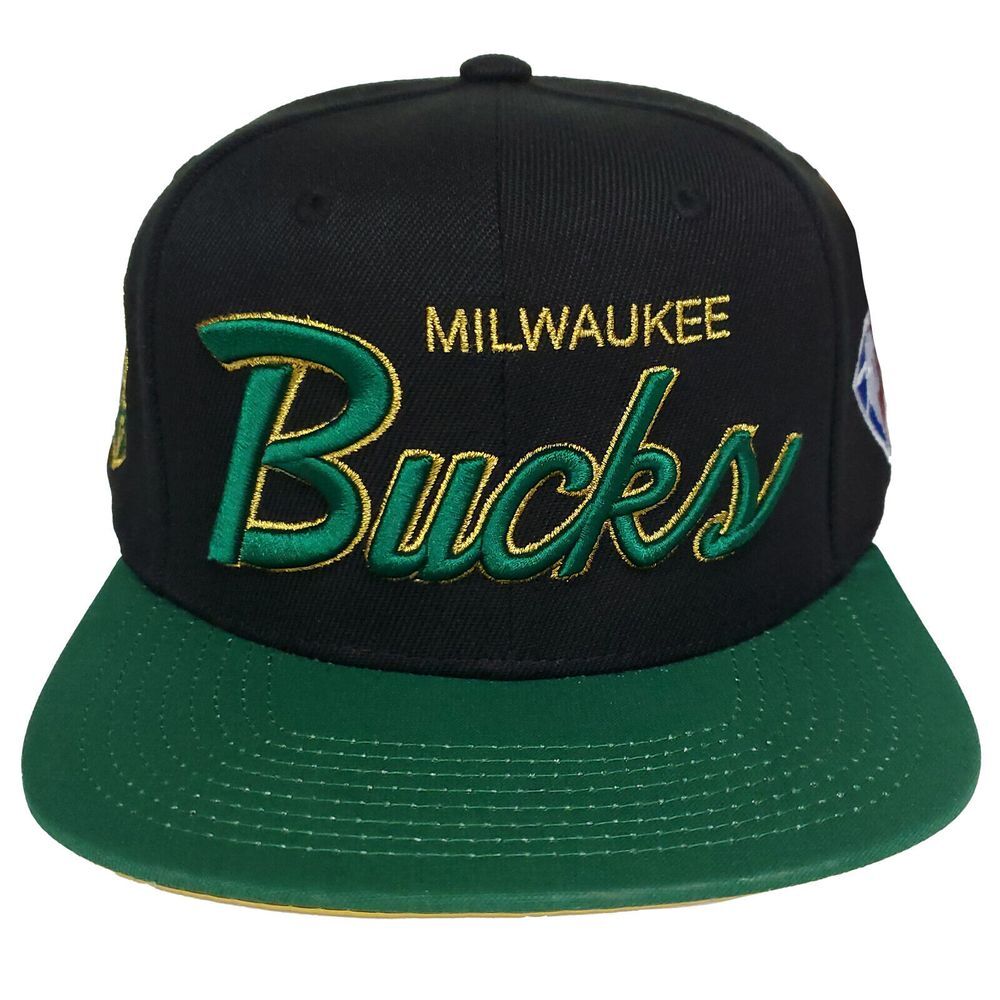 Milwaukee Bucks Mitchell & Ness NBA Snapback Hat Cap 3D Script‎ Logo Black NWT